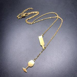 Wine Glass Bottle Necklace Y Drop Pendant Dainty Boho Gold Tone